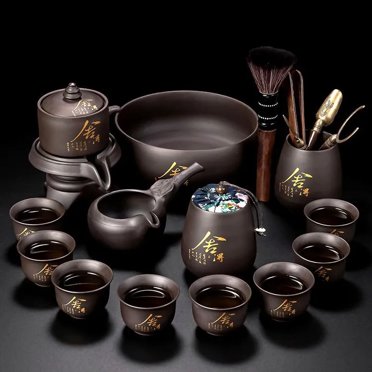 宜兴原矿紫砂懒人半自动石磨泡茶神器套装家用办公送礼品功夫茶具