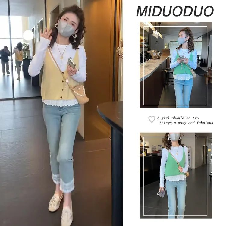 2025秋季时尚搭配一整套新款韩系蕾丝打底衫吊带马甲牛仔裤三件套