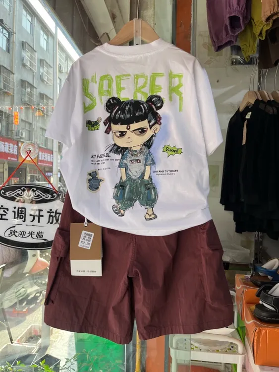 薄款卡通风男中大童夏季T恤套装上衣休闲宽松半袖韩版