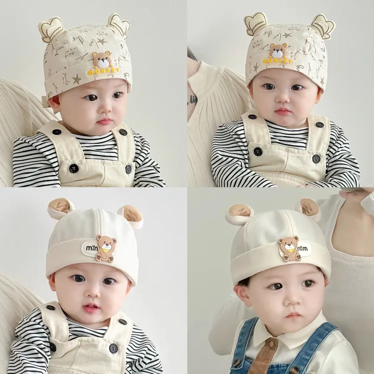 婴儿帽子春秋薄款婴幼儿男童小熊地主帽纯棉男宝宝可爱透气海盗帽