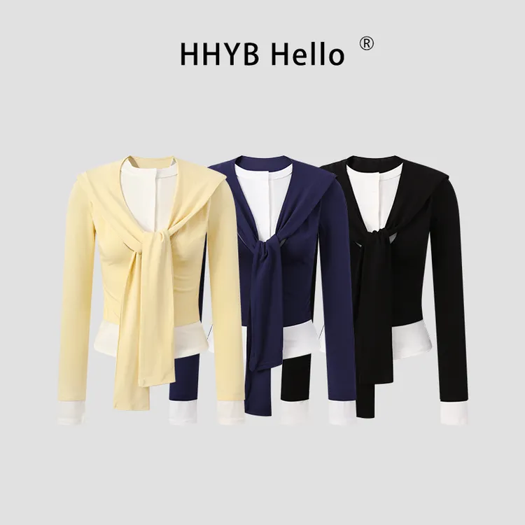 HHYB Hello2025新款两件套披肩系带打底衫长袖t恤女250666两件套