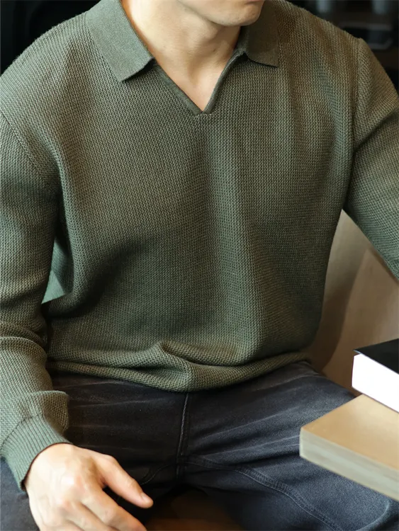简素Design复古提花海鸥领简约针织毛衫男薄款休闲通勤长袖上衣秋