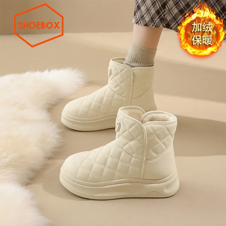 达芙妮集团旗下雪地靴女冬季加绒东北棉鞋白色皮面防水防滑面包鞋
