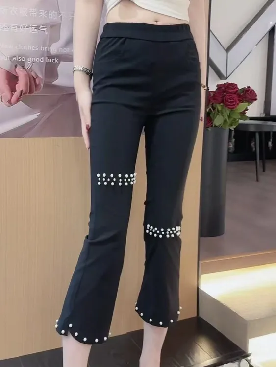 2025春夏时尚爆款高腰显瘦重工串珠面膜裤弹力休闲九分直筒裤