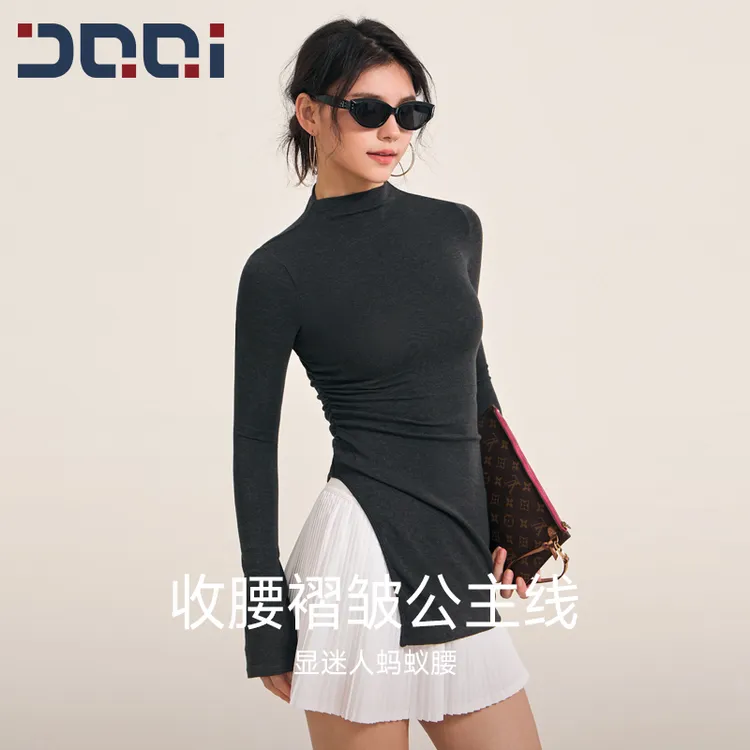 的确奇【秋上新】半高领侧开叉长款T恤遮臀显瘦瑜伽服健身衣2166