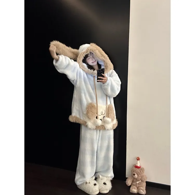 可爱卡通毛绒小狗连帽珊瑚绒睡衣女秋冬新款加厚保暖家居服套装