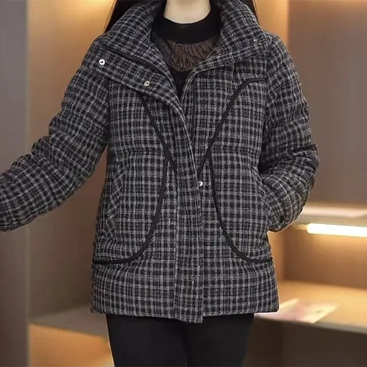 时尚复古格子加厚立领棉服女G冬款气质加棉保暖大码妈妈装外套