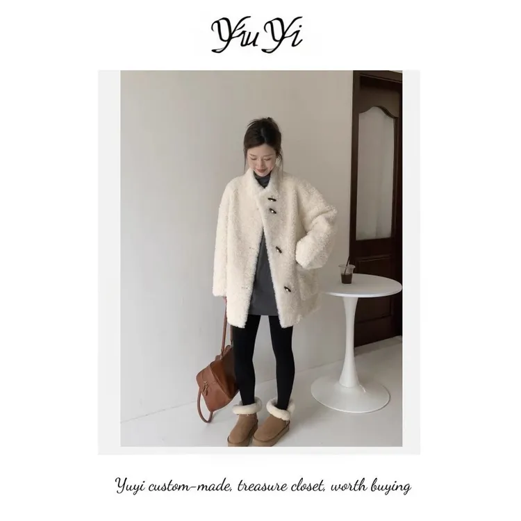 慵懒风立领牛角扣外套女冬季宽松百搭保暖毛毛外套