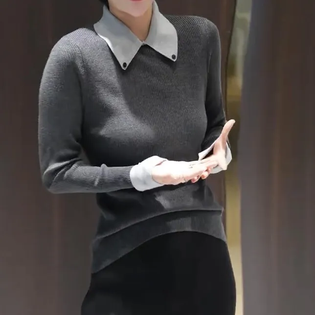 灰色翻领针织衫秋装女装2025新款秋季撞色拼接高端小资小上衣毛衣