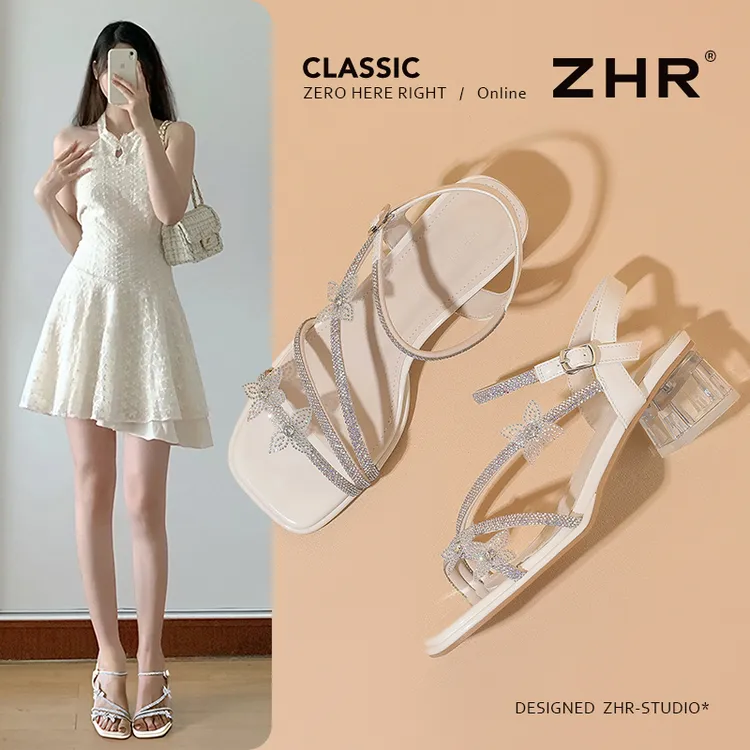 ZHR/则则粗跟凉鞋女2025夏季新款法式外穿罗马凉鞋一字带休闲女鞋