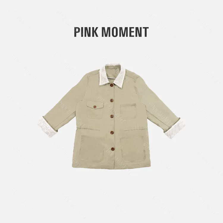 PM王囡囡 卡其色亚麻翻领拼色纽扣外套 ND1C1284
