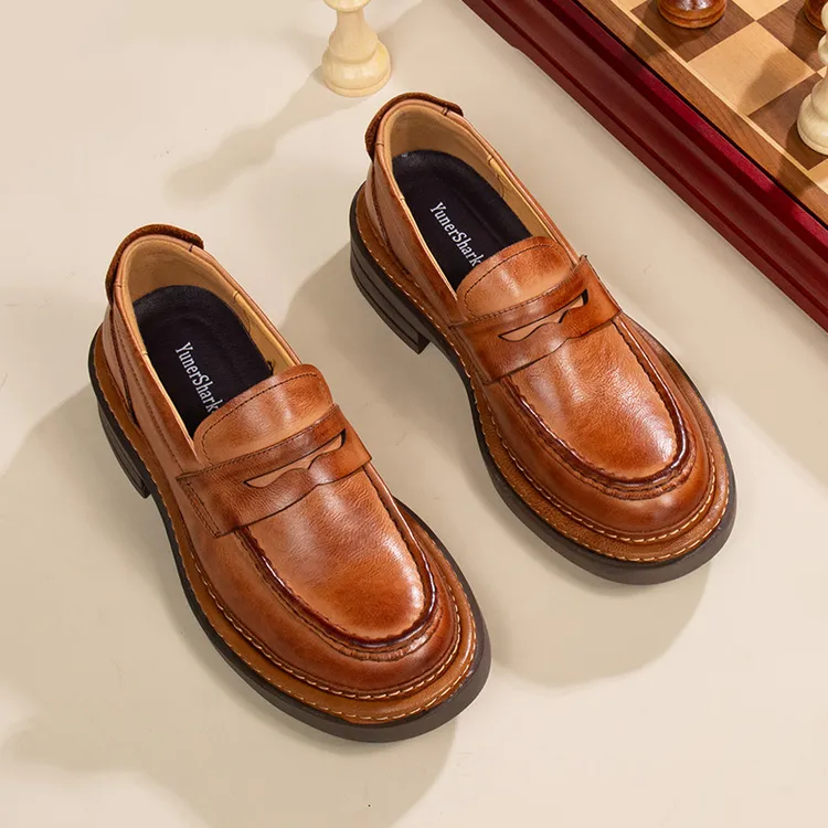 新款一脚蹬懒人乐福鞋商务正装男士皮鞋增高豆豆鞋手工真牛皮男鞋