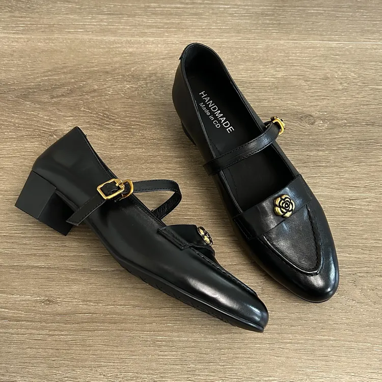 羊皮版~复古山茶花一字扣玛丽珍女粗跟2025新款秋季英伦风单鞋女