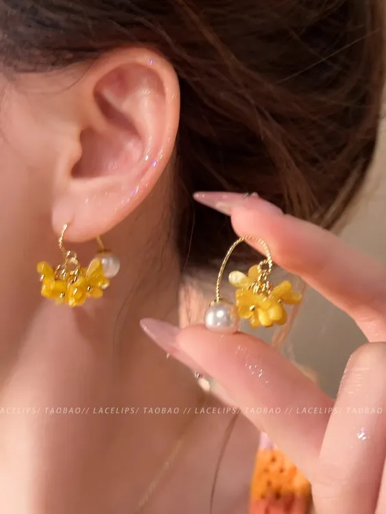 铜合金耳饰 超仙桂花流苏珠珠耳钩女高级感耳钉百搭耳环温柔耳饰
