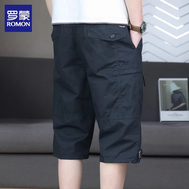 罗蒙夏季七分工装裤大码短裤男式宽松直筒中裤薄款运动沙滩裤马裤