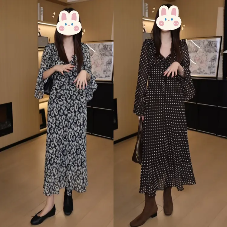 【花野序曲】气质长袖v领经典印花波点木耳长袖连衣裙BB50237