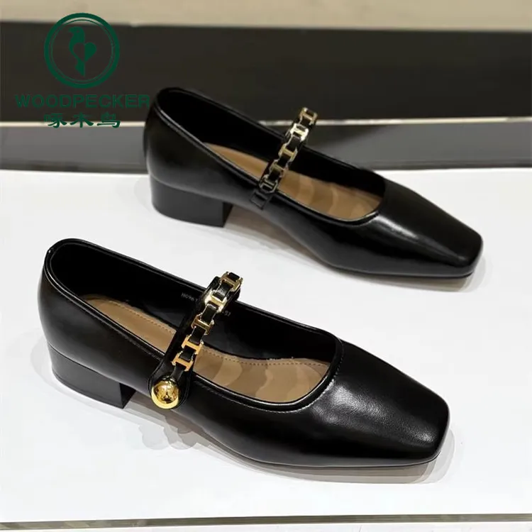 啄木鸟仙女风方头粗跟浅口单鞋女2025年新款春秋百搭玛丽珍小皮鞋