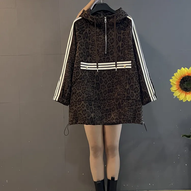 秋季新款中长款豹纹连帽卫衣时尚宽松显瘦休闲潮流卫衣