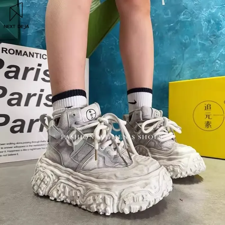 欧洲站2025秋冬新款真皮厚底舒适松糕女高帮运动阔腿裤厚底女鞋