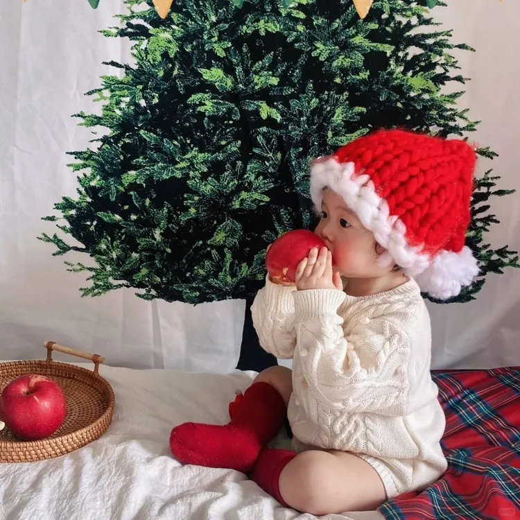 婴儿宝宝圣诞帽子儿童冬季粗毛线手工编织帽子男女成人亲子帽拍照