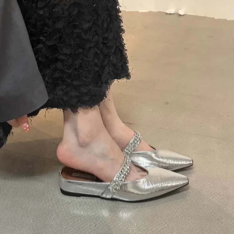 三福法式小众水钻包头半拖鞋女外穿新款夏季鞋子内增高穆勒凉拖