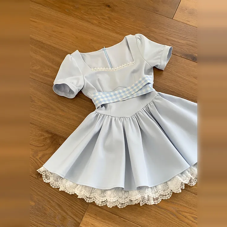 法式气质蓝色方领连衣裙女2025夏季新款交叉绑带设计感收腰短裙子