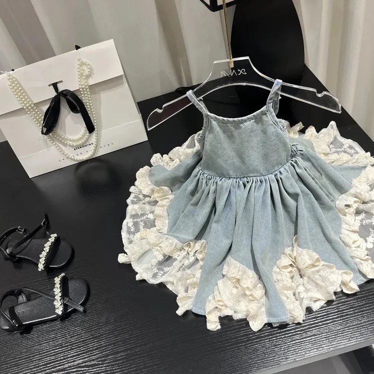 中国风女休闲风夏季纯色连衣裙时尚拼接公主裙吊带裙洋气女童牛仔