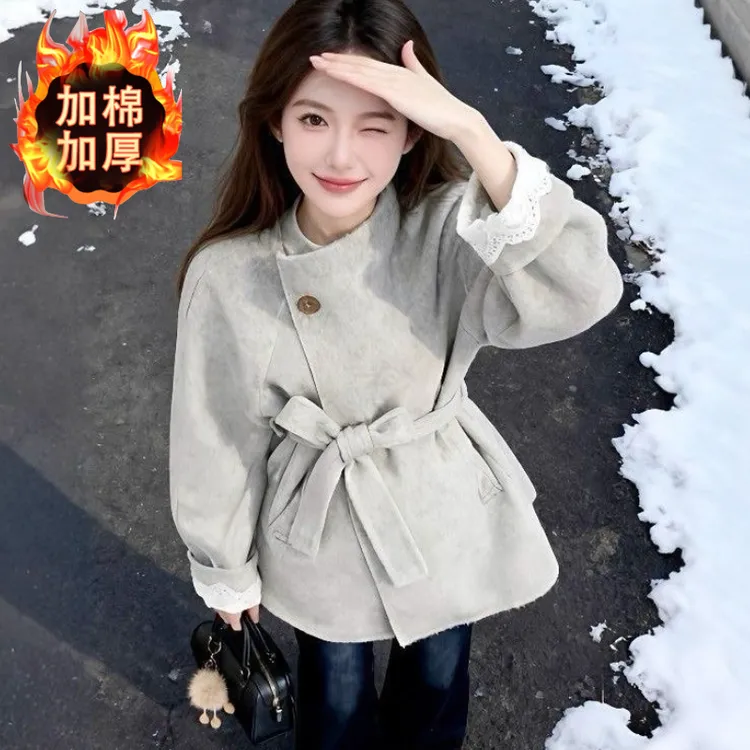 韩系高级感拼接毛呢外套女秋冬新款收腰显瘦小个子百搭呢子大衣