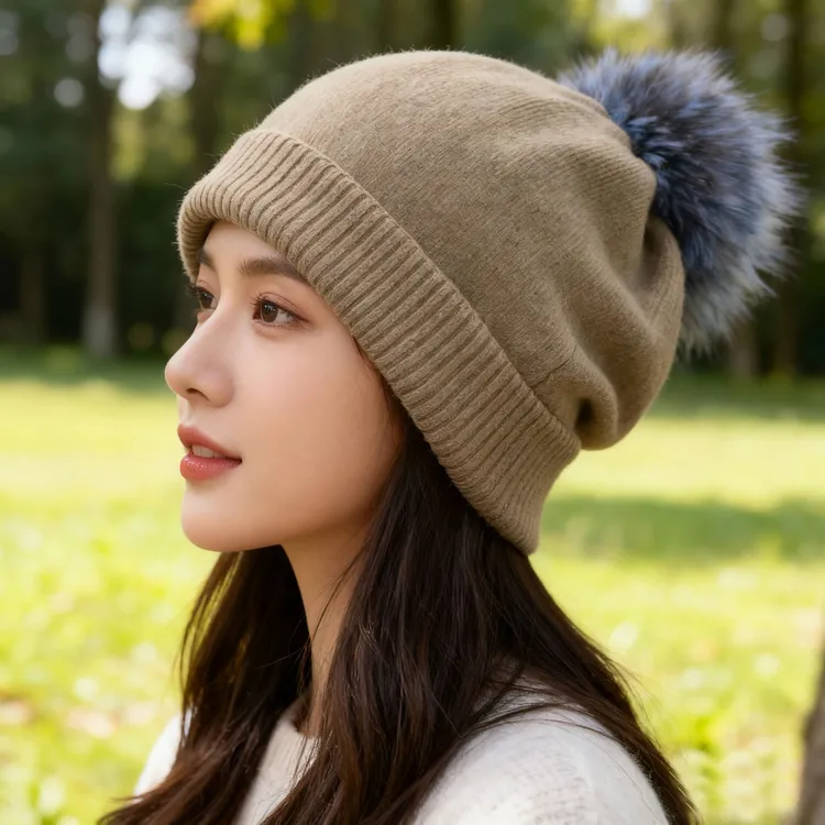 狐狸毛球针织护耳毛线帽子女冬季日系保暖纯色小众日系套头堆堆帽