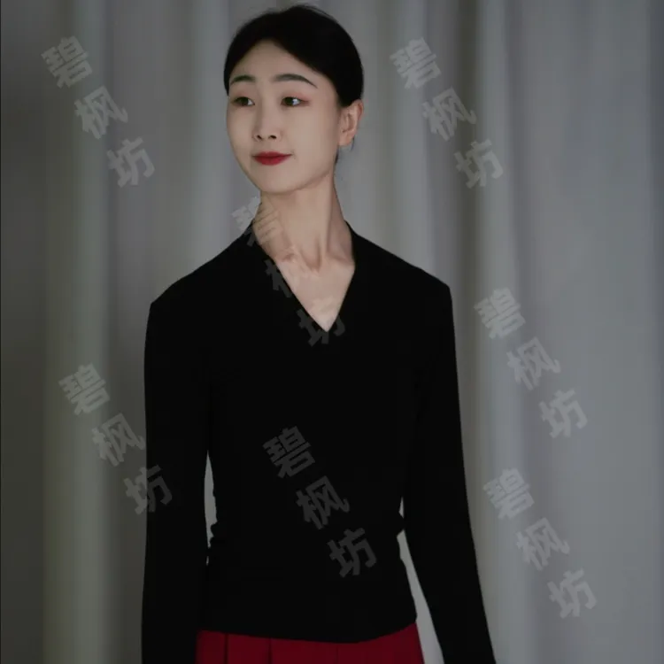 现代舞服长袖通勤风螺纹染色V领内搭复古显瘦修身