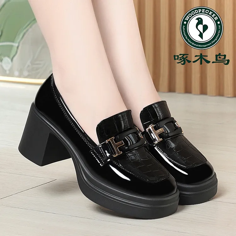 啄木鸟粗跟厚底乐福鞋女配裙子高跟女鞋不累脚春秋款皮鞋女款单鞋