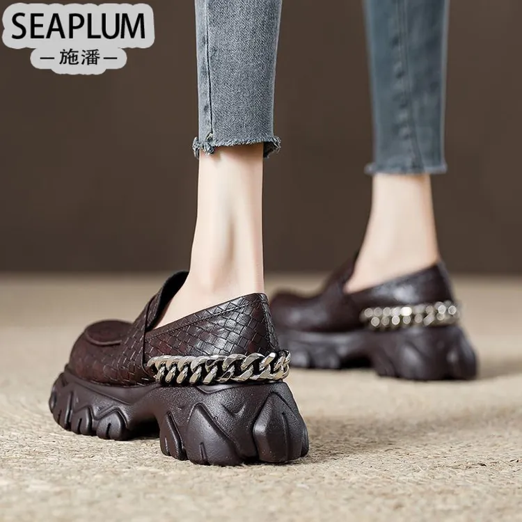 SEAPLUM真皮厚底红色编织大头小皮鞋女2025新款英伦风乐福鞋链条