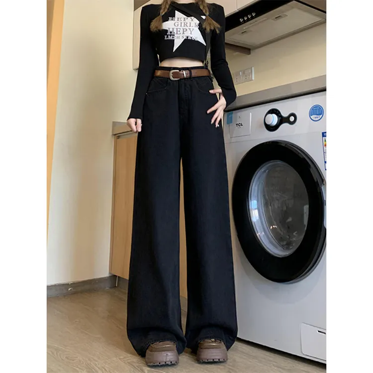 美式复古黑色阔腿牛仔裤女春季2025新款高腰宽松垂感直筒拖地裤字