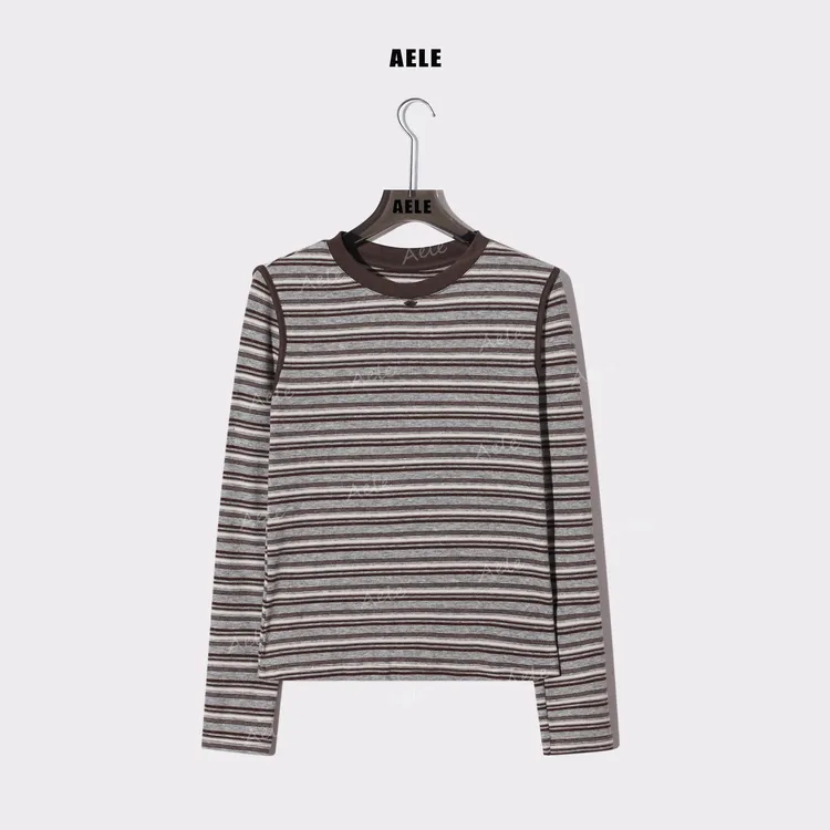 AELE撞色圆领女条纹修身显瘦简约风长袖基础款T恤 T855 5100 AD