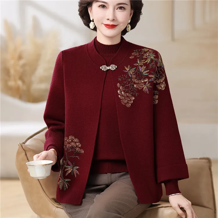 老年人秋冬装女外套毛衣开衫奶奶春秋套装太太衣服妈妈国风两件套