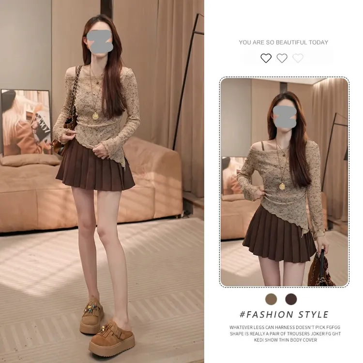 辣妹斜肩长袖紧身T恤女2026春秋新款复古碎花设计感显瘦打底上衣