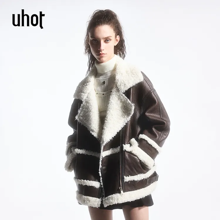 人造皮草 白毛领宽松型厚款长袖翻领秋冬夹棉外套UWFW6W203