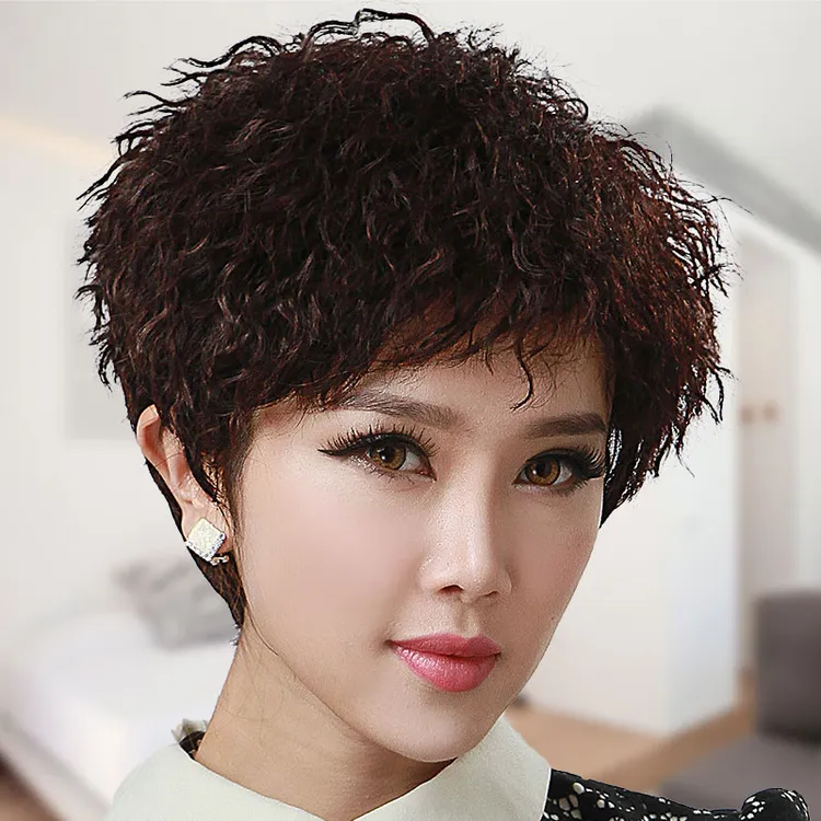 假发女全头套真人发丝中老年短发发型日常妈妈减龄卷发自然羊毛卷
