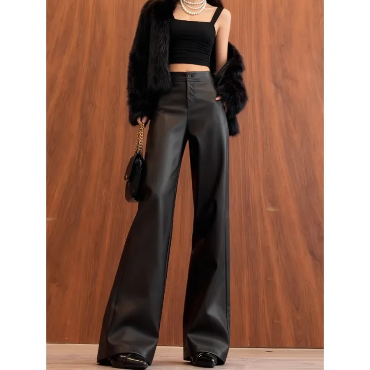 黑色窄版阔腿皮裤女秋冬2025新款气质御姐高腰百搭直筒拖地裤