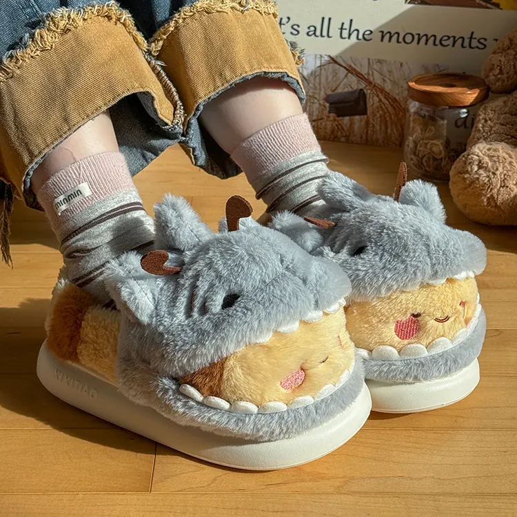 启布熊创意鲨鱼帽蜜蜂毛毛鞋男女趣味居家防滑情侣冬季包跟棉拖鞋