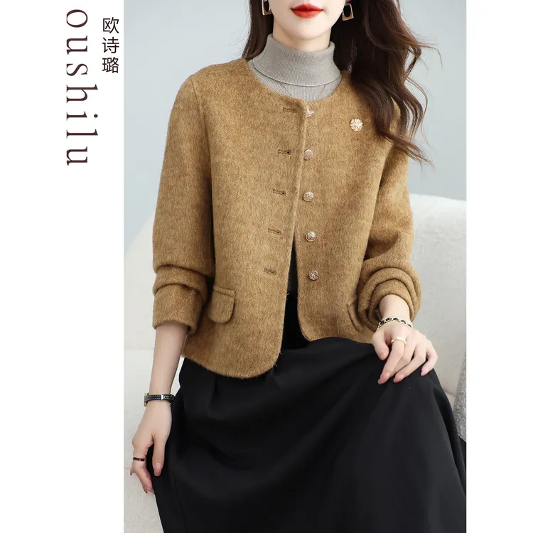 【万达撤柜】韩版2025新款双面呢羊毛大衣女短款小个子圆领百搭单排