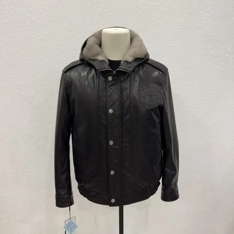 宸笙【小生严选】牛皮油蜡银蓝本色水貂内胆连帽短款夹克男士皮衣