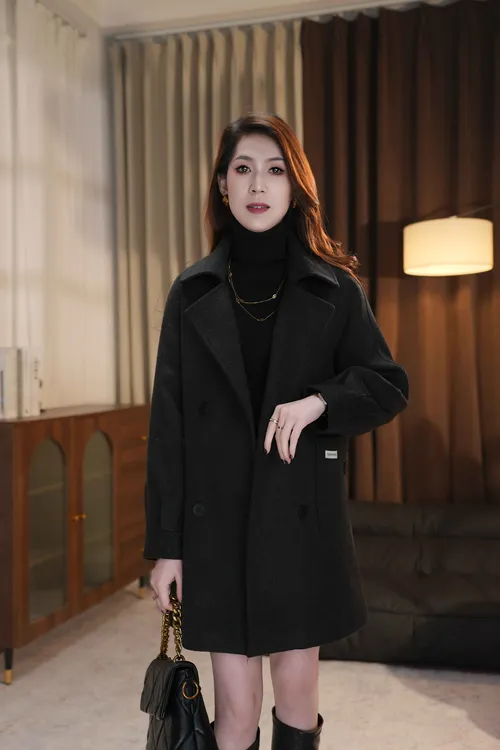 （冬季加棉）新款百搭韩版修身型收口袖中长款羊毛大衣2728