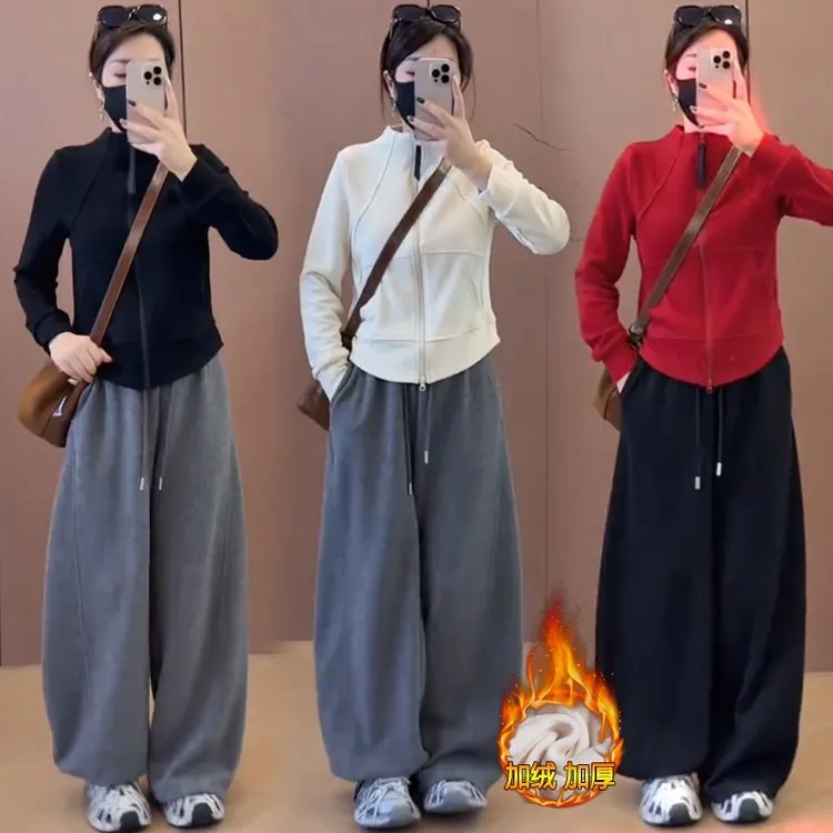 加绒时尚休闲套装女2025秋冬新款洋气显瘦卫衣外套阔腿裤两件套潮