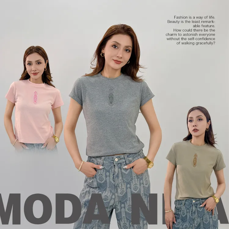 （菲娅推荐）新款 螺纹女款刺绣短袖高品质重磅正品爆款 (L2款新)