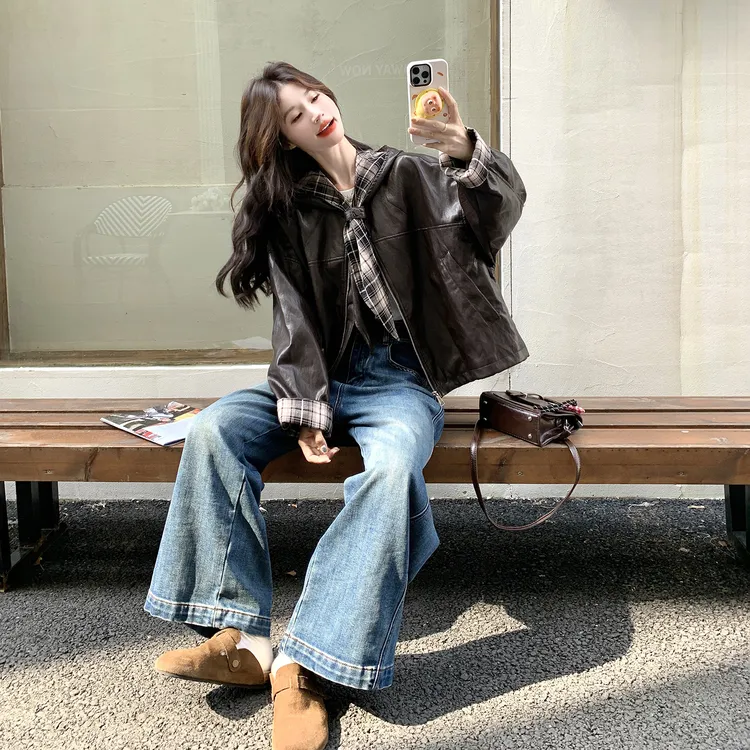 复古街头风酷飒小个子皮衣外套女2025秋季新款格纹设计感连帽夹克