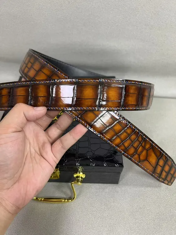 兴隆尼罗鳄鱼肚皮男士腰带纯手工擦色缝线 高端 奢侈 时尚 3.8宽