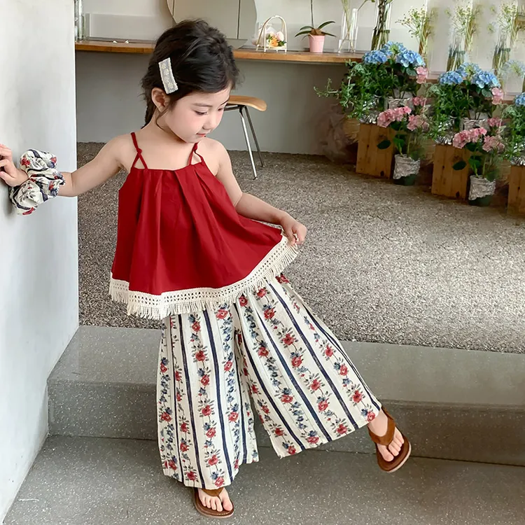 女童套装夏款2025新款中小童红色吊带碎花阔腿裤两件套儿童夏装