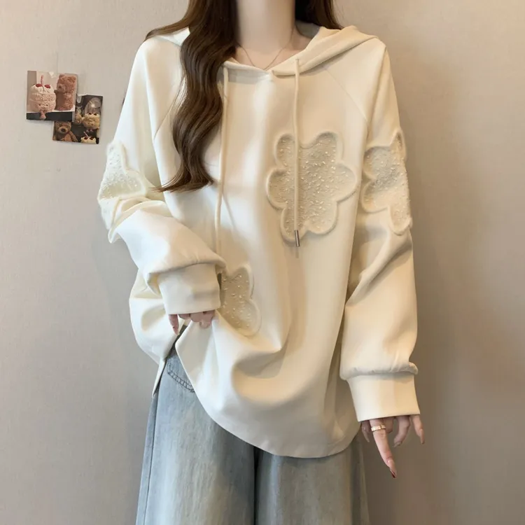 大码设计感花朵宽松连帽卫衣女春秋胖MM遮肚显瘦百搭洋气外套上衣