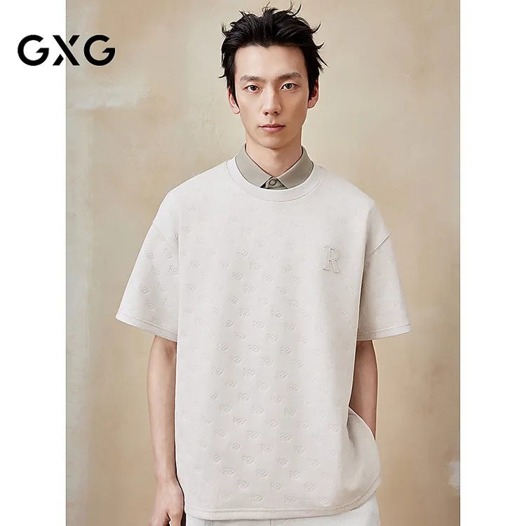 GXG男装 圆领T恤压花仿麂皮短袖针织 2025年夏季新品G25X442129